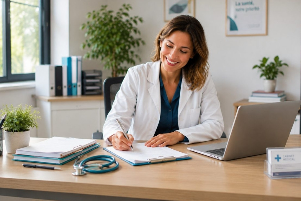 Médecin souriante en blouse installée à son bureau avec un ordinateur portable