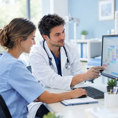 Un docteur junior et une collègue échangent devant le planning affiché sur l’écran de l’ordinateur du cabinet