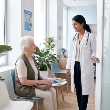 Une médecin accueille une patiente âgée dans la salle d’attente du cabinet