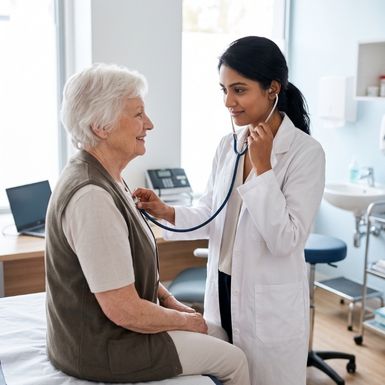 Une jeune médecin, ausculte une patiente âgée au stéthoscope lors d’une consultation.