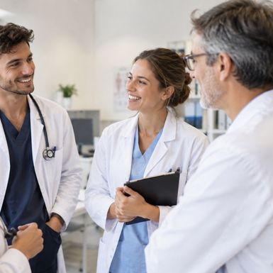 Équipe de médecins en blouse blanche échangeant avec le sourire dans un cabinet, autour de l’accueil d’un docteur junior