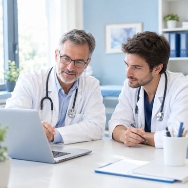Équipe de médecins en blouse blanche échangeant avec le sourire dans un cabinet, autour de l’accueil d’un docteur junior