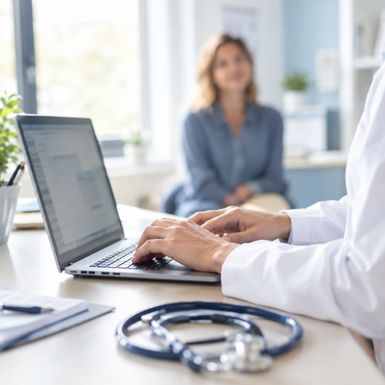 Mains d’un médecin sur le clavier d’un ordinateur portable pour une prescription, stéthoscope posé sur le bureau